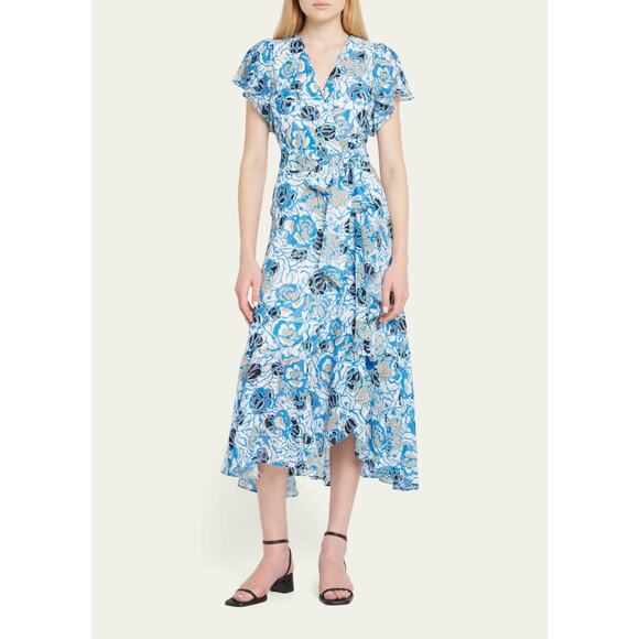 Tanya Taylor Blaire Blue Floral Print Flutter Sleeve Midi Wrap Dress Size 16 - Picture 1 of 13